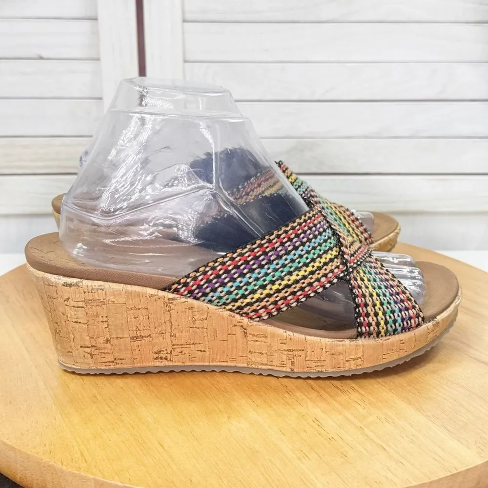 Skechers Beverlee Delighted Rainbow Woven Strap Wedge Sandals‎ Luxe Foam 9